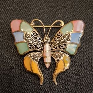 Elegant Butterfly Brooch Or Pin, Silver with Mother Of Pearl And Marcasite